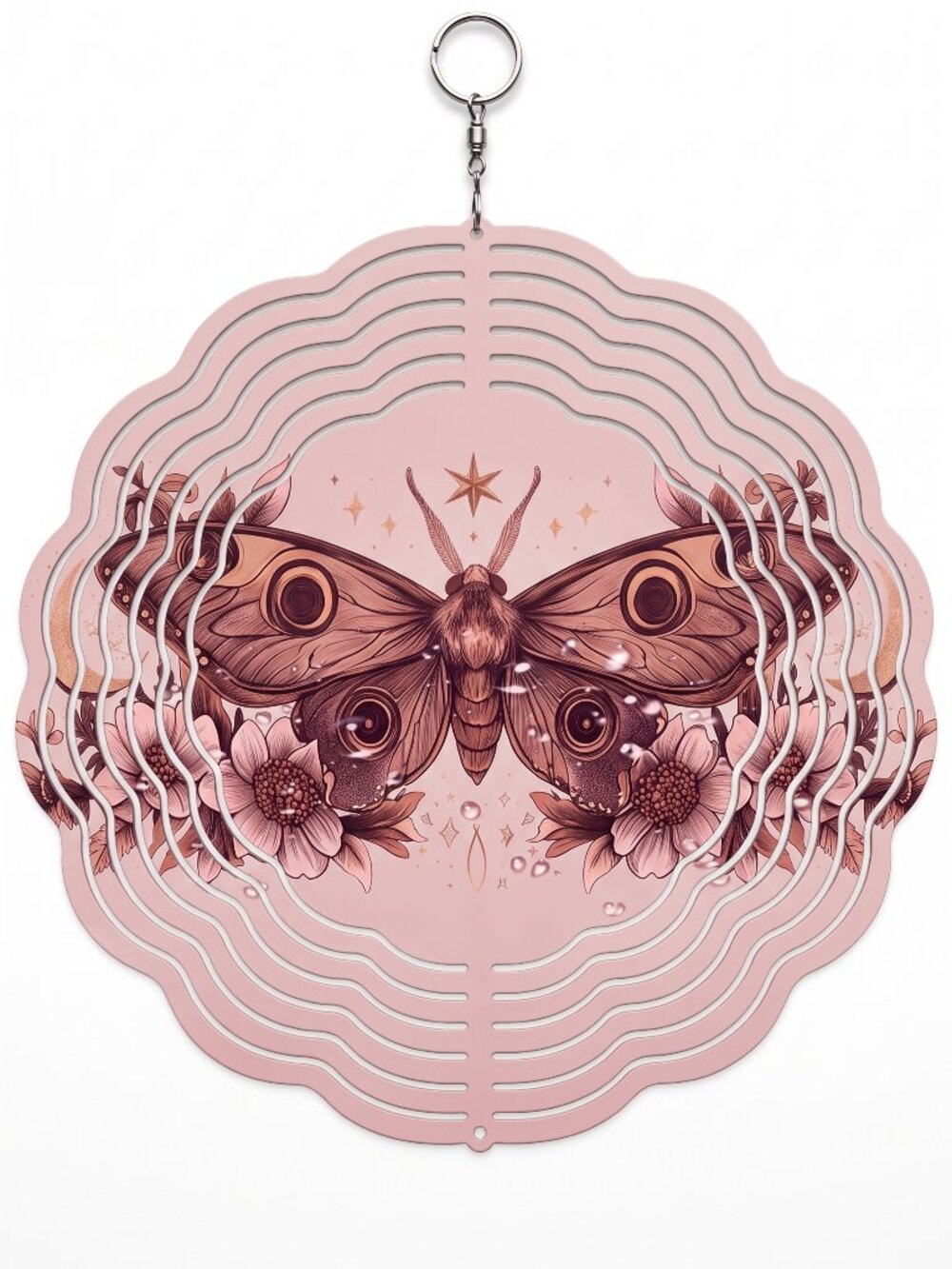 10" Celestial Moth Kinetic Wind Spinner - Pink Floral Metal Hanging Yard Decor
